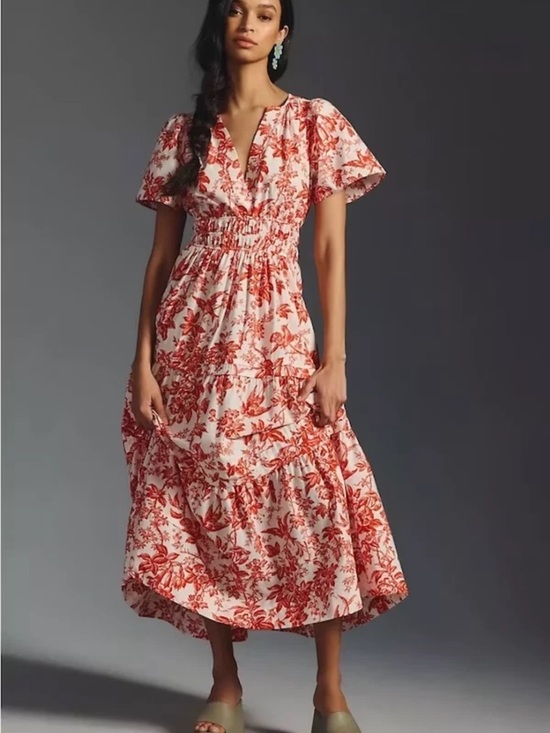 Anthropologie Dresses & Skirts - Anthropologie Somerset Maxi in Coral Toile Floral Tiered Cotton Dress Lg
